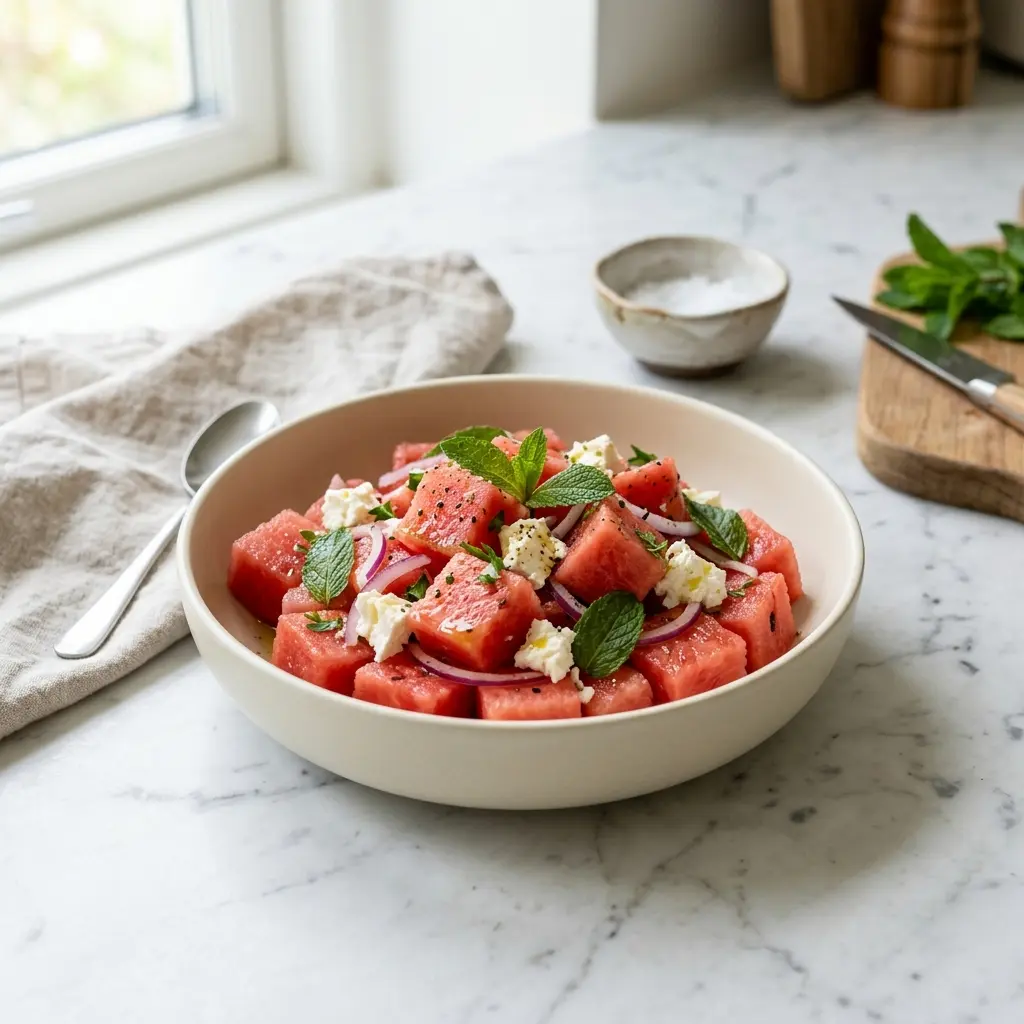 Salotų recepto arbūzų salotos su feta nuotrauka
