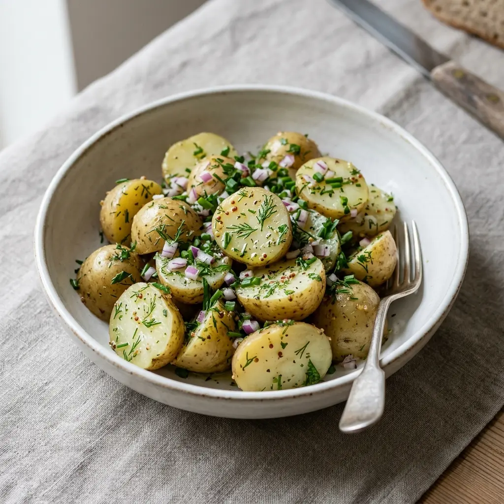 Salotų recepto bulvių salotos su vinaigrette padažu nuotrauka