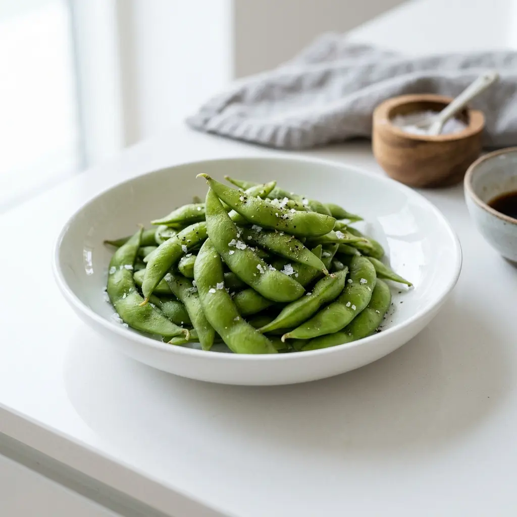 Paruošto patiekalo recepto edamame pupelės nuotrauka
