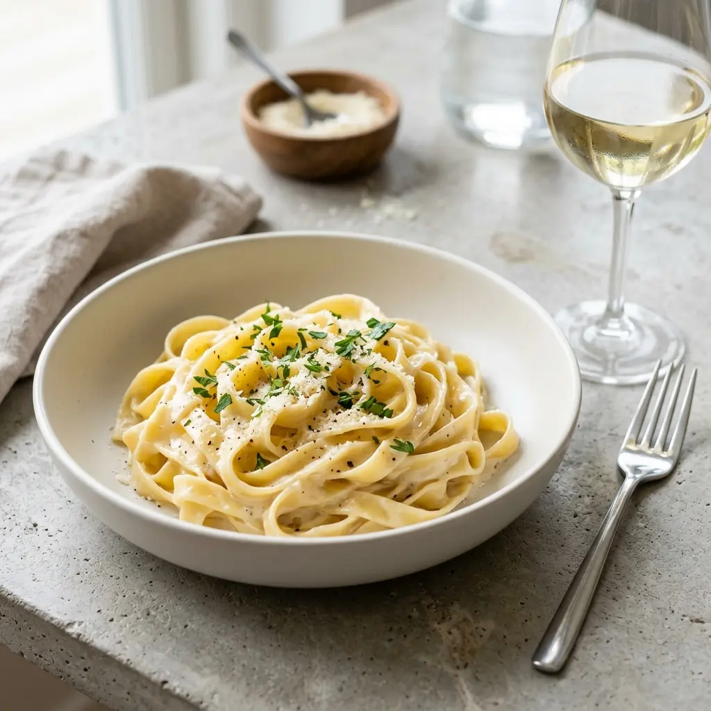 Paruošto patiekalo recepto fettuccine Alfredo nuotrauka