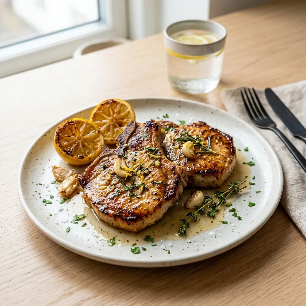 Paruošto patiekalo recepto kiaulienos kotletai su česnaku ir citrina nuotrauka