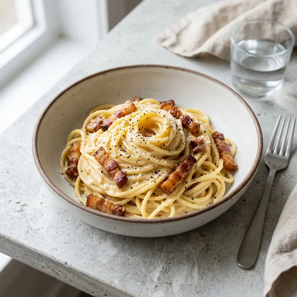 Paruošto patiekalo recepto klasikinė carbonara nuotrauka
