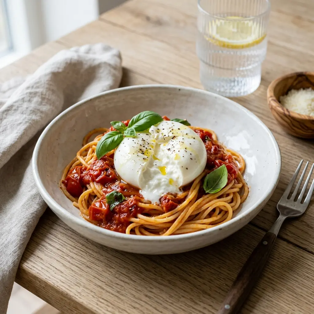 Paruošto patiekalo recepto makaronai su burrata nuotrauka