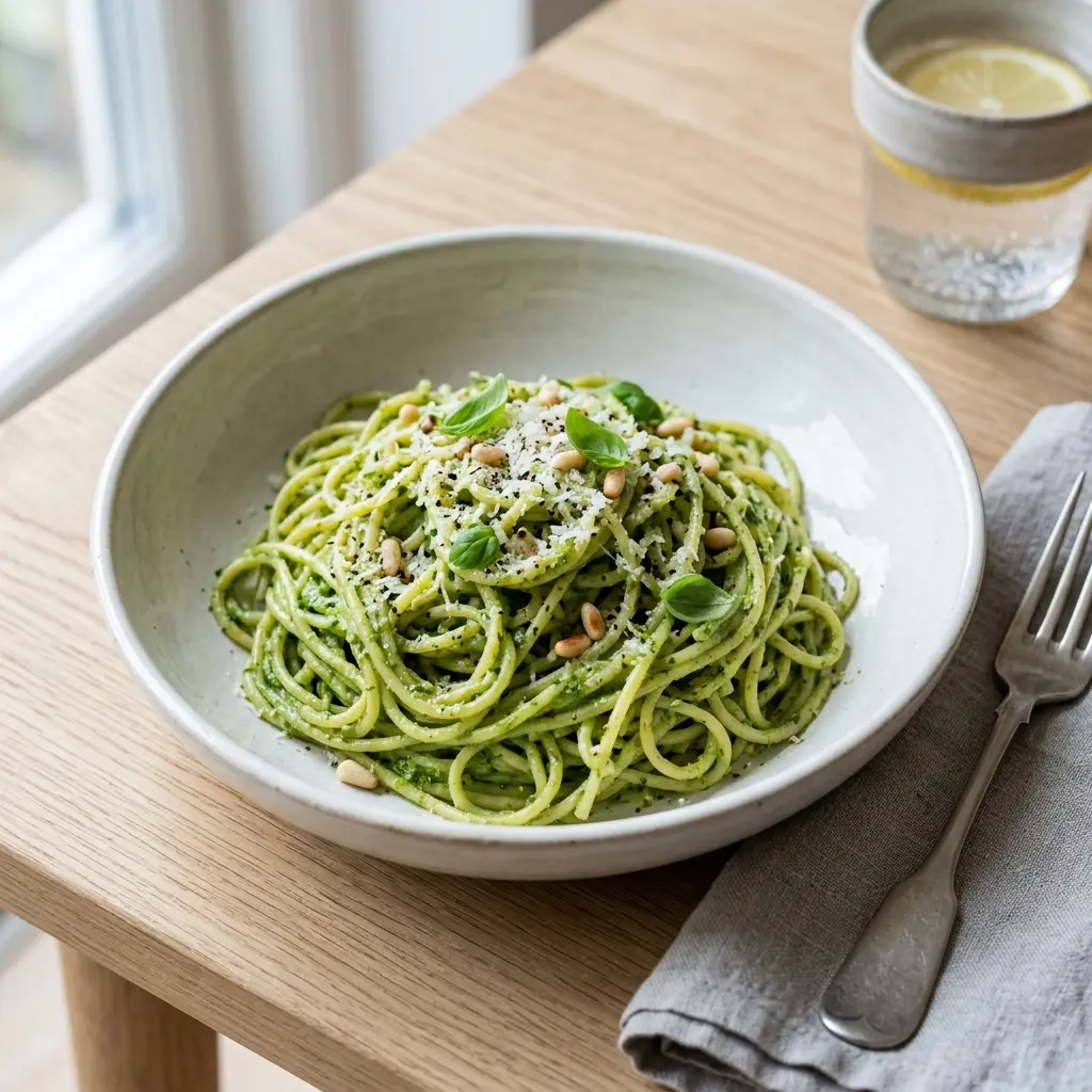 Padažo arba priedo recepto makaronai su pesto nuotrauka