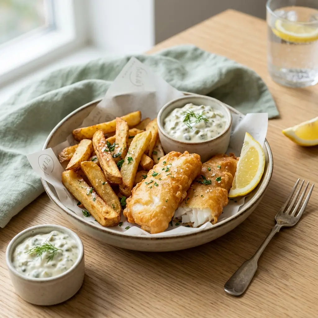 Paruošto patiekalo recepto naminis fish and chips nuotrauka