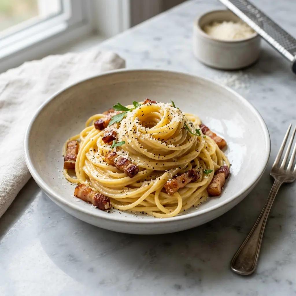 Paruošto patiekalo recepto pasta carbonara nuotrauka