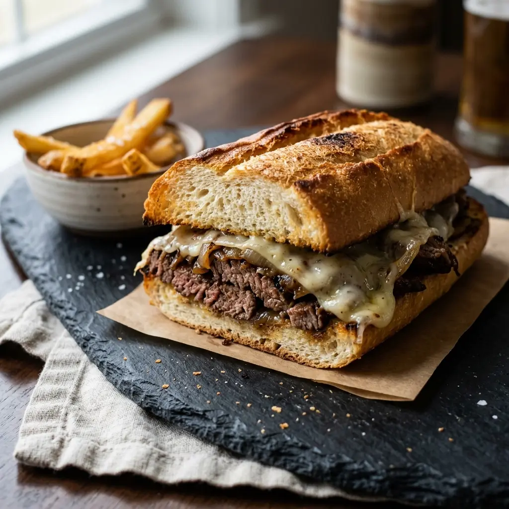 Paruošto patiekalo recepto Philly cheesesteak sumuštinis nuotrauka