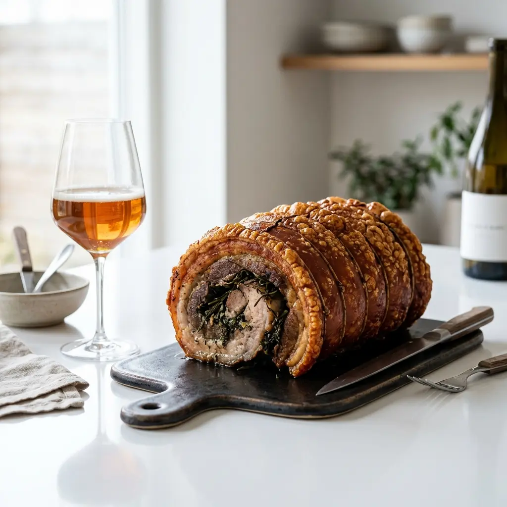 Paruošto patiekalo recepto porchetta ant grotelių nuotrauka