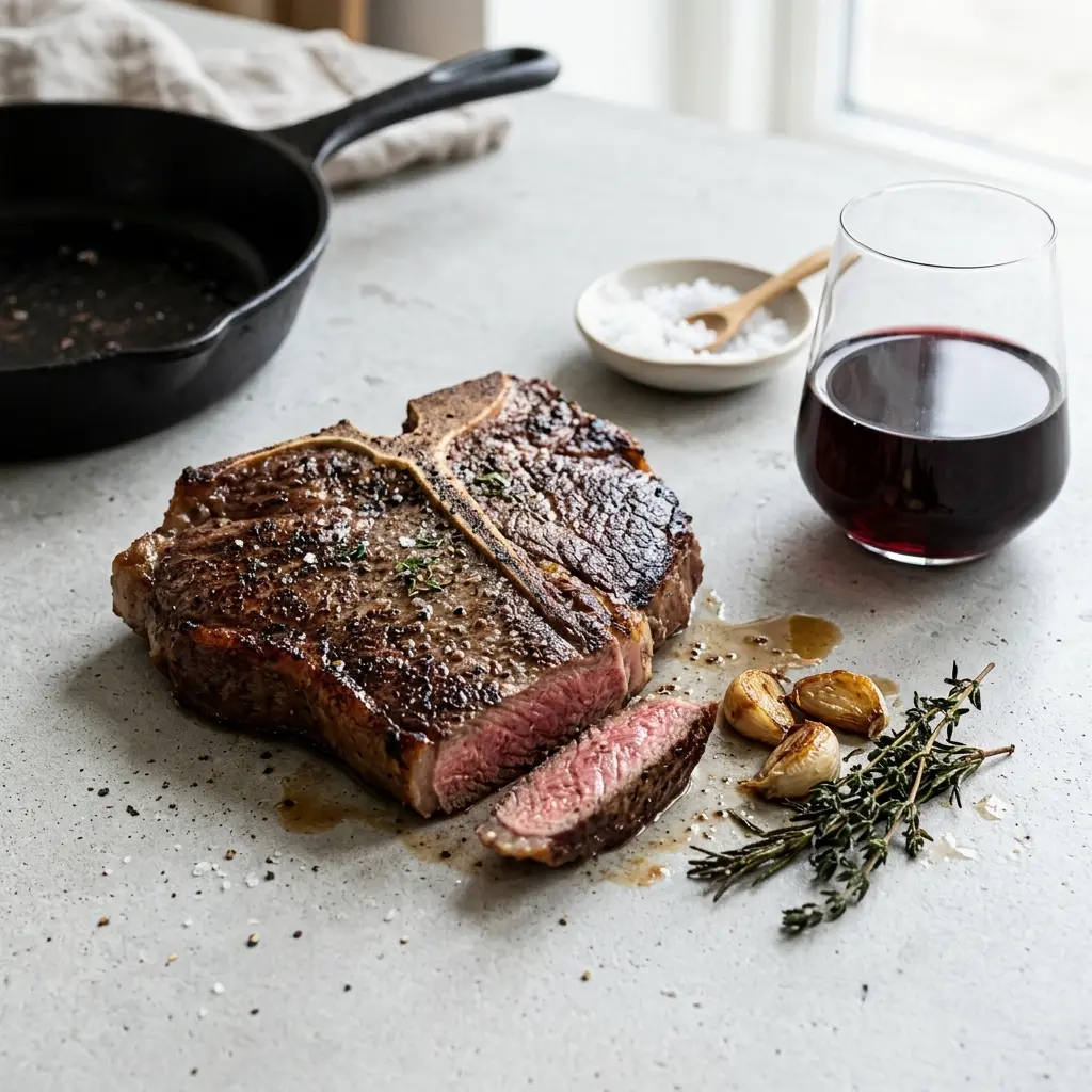Paruošto patiekalo recepto T-bone kepsnys keptuvėje nuotrauka