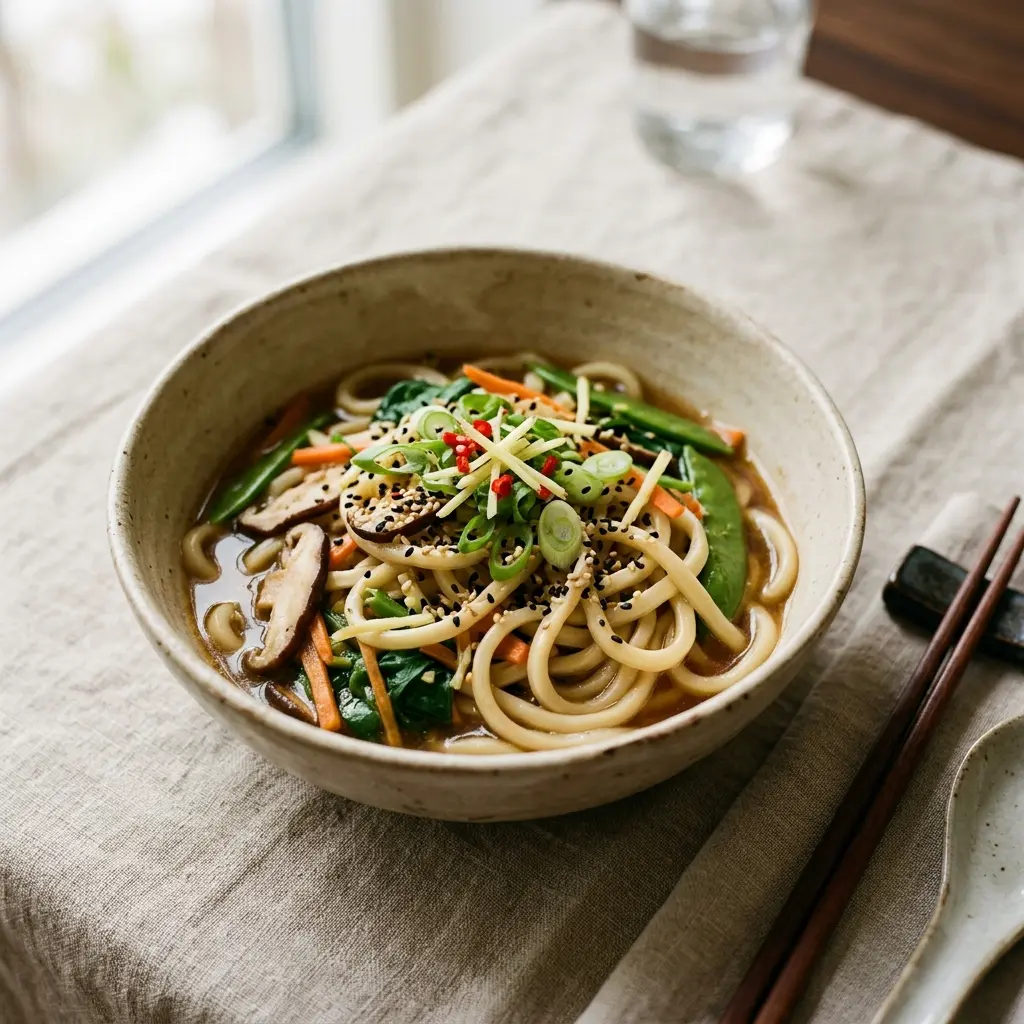 Paruošto patiekalo recepto udon makaronai su imbieru nuotrauka
