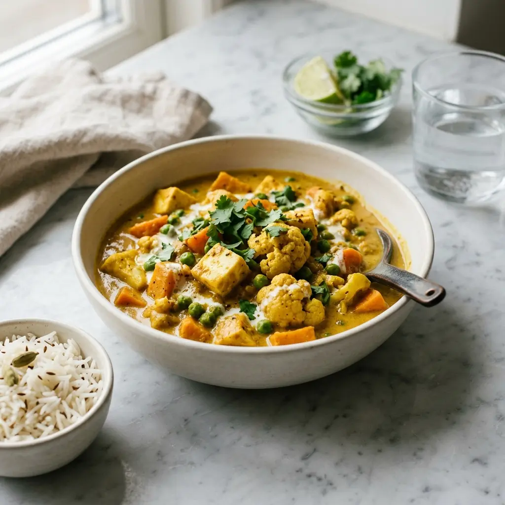 Paruošto patiekalo recepto vegetariška korma nuotrauka