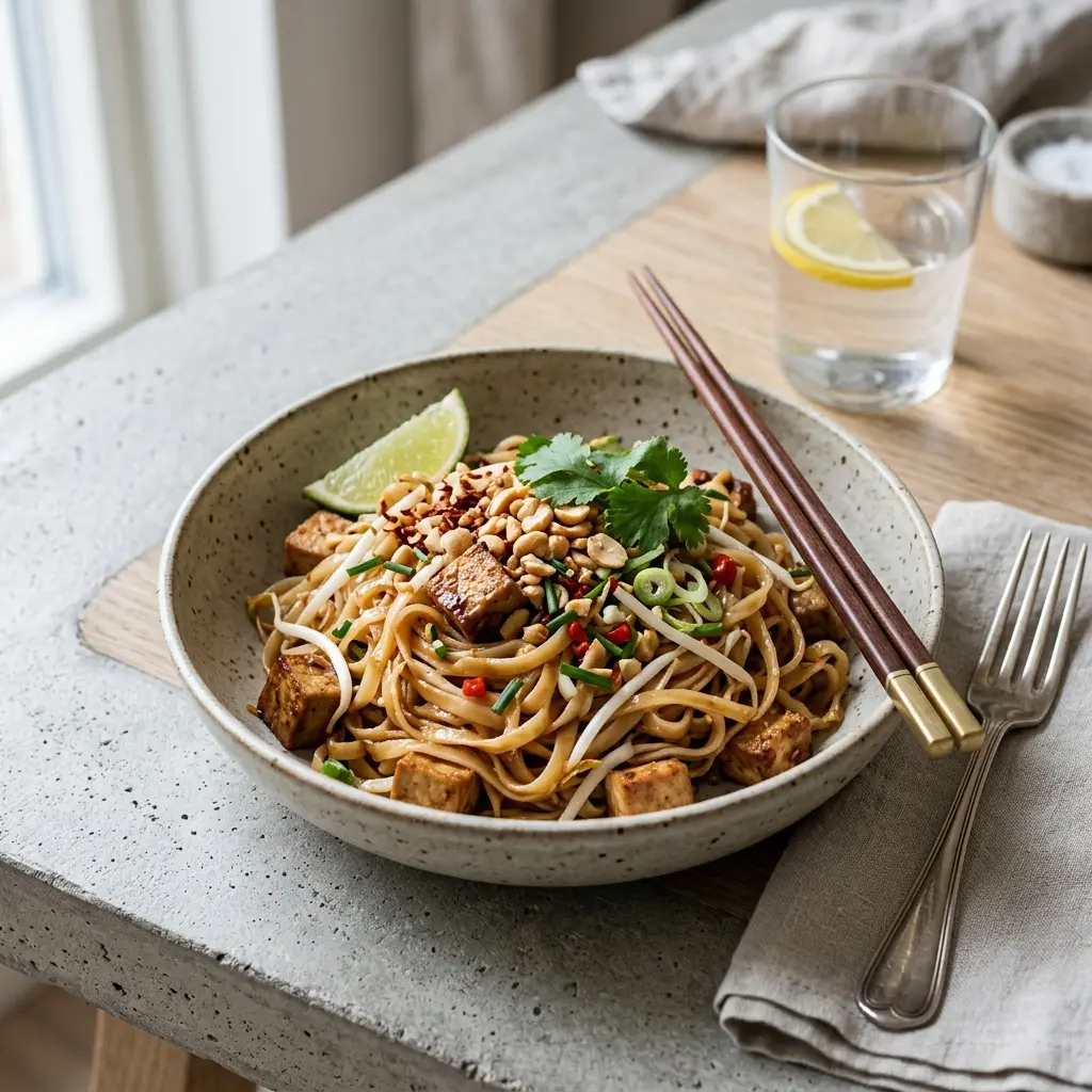 Paruošto patiekalo recepto vegetariškas Pad Thai nuotrauka
